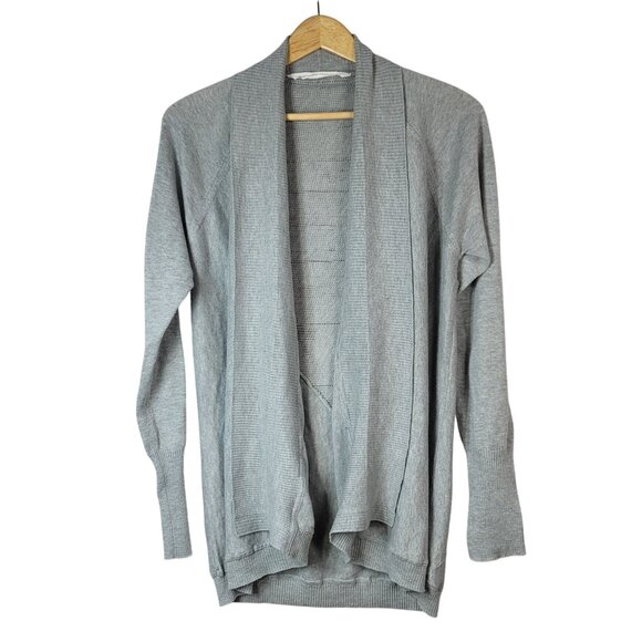 Athleta Open Cardigan Sweater Gray Large Mesh Back Long Sleeve Waterfall READ - Picture 1 of 8
